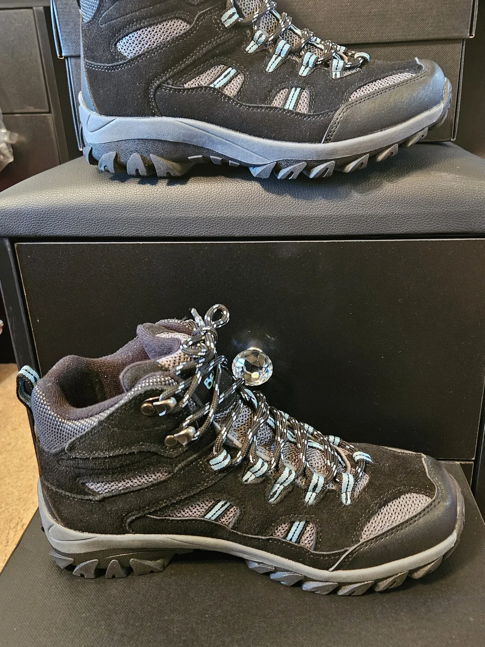 BearPaw Women's Black and Gray Hiking Mid Boot with Light Blue Accents